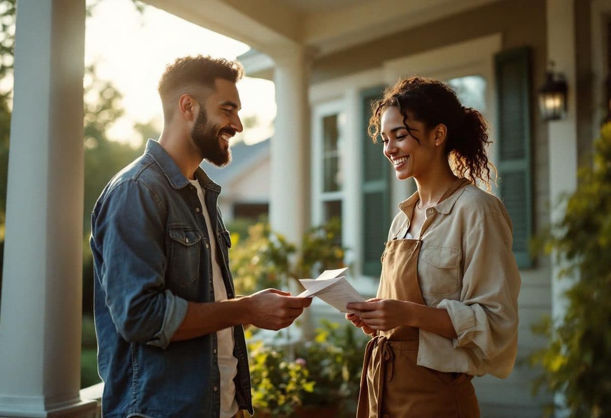 Local small business owner on a Minneapolis front porch handing a flyer to a friendly homeowner