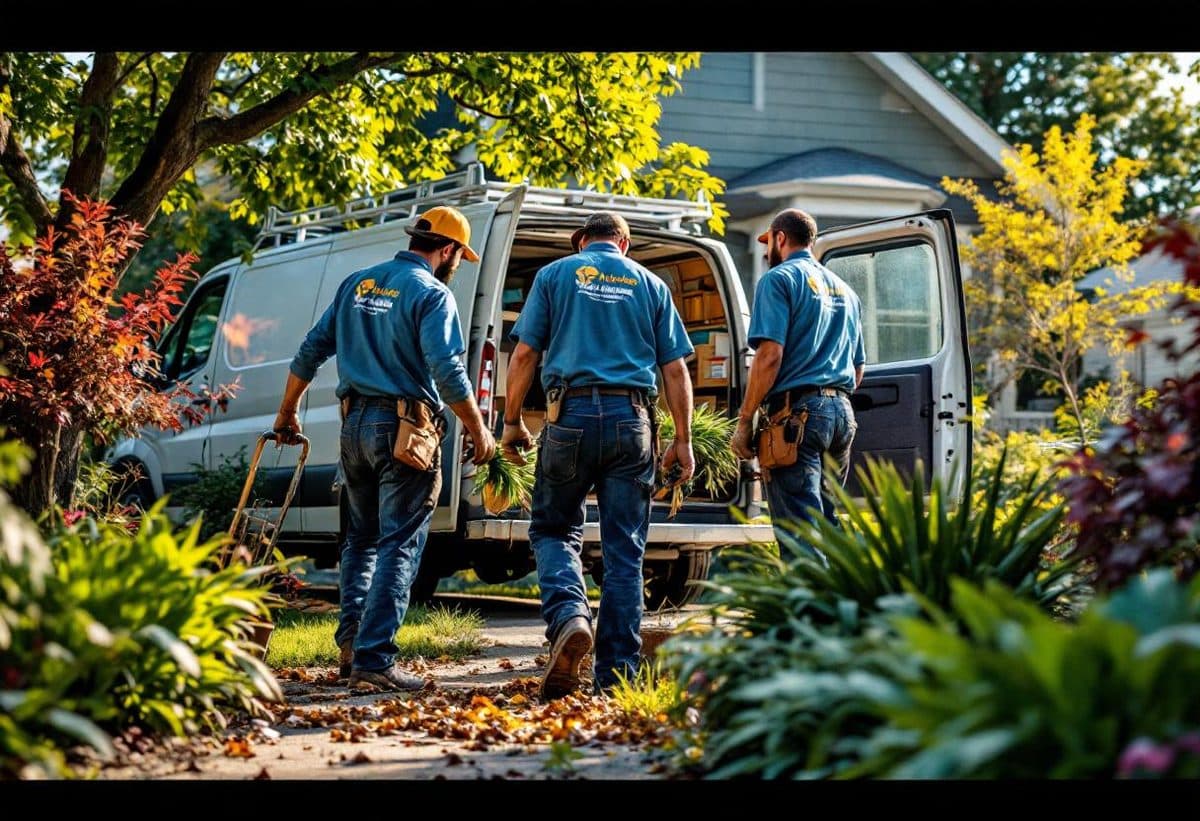 Local landscaping crew in branded shirts with equipment and clipboard in front of a Minneapolis bungalow